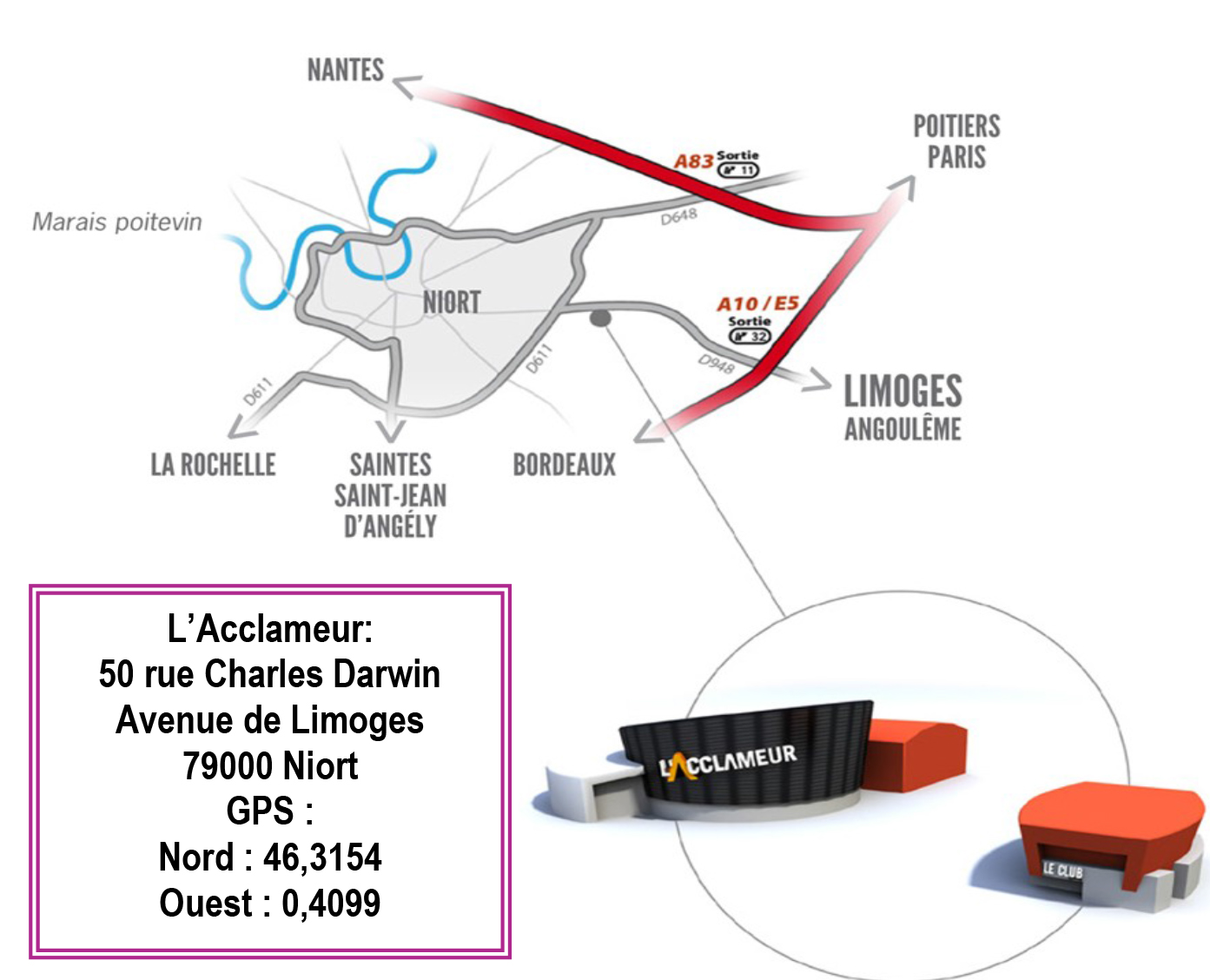 Plan d'accès à l'Acclameur "le Club" à Niort